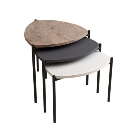 Lot de 3 Tables Gigognes - Structure Métal - 45 x 45 x 45 cm - Blanc, Anthracite et Décor Noyer