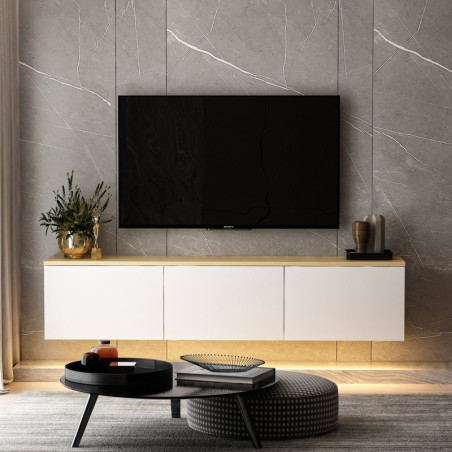 Meuble TV - Avec LED - 160 x 35 x 32 cm - Blanc et Décor Chêne