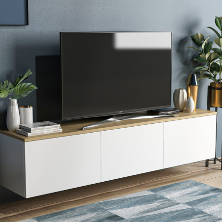Meuble TV - Avec Étagères - 160 x 35 x 32 cm - Blanc et Décor Chêne