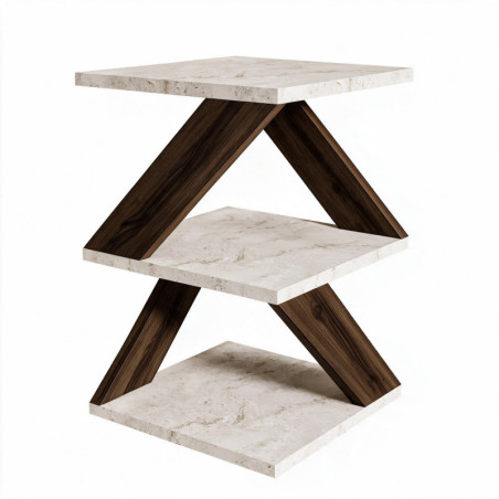 Table d'Appoint - 3 Étagères - 30 x 54 x 30 cm - Décor Travertin et Décor Noyer