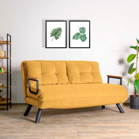 Canapé Convertible 2 Places - Couchage 175 x 133 cm - Dossier 14 Positions - Tissu polyester - Moutarde