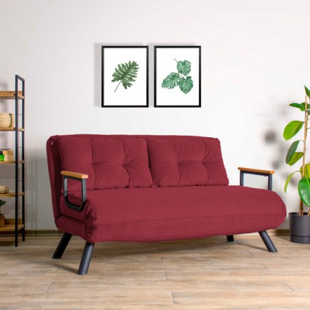 Canapé Convertible 2 Places - Couchage 175 x 133 cm - Dossier 14 Positions - Tissu polyester - Bordeaux