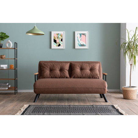 Canapé Convertible 2 Places - Couchage 175 x 133 cm - Dossier 14 Positions - Tissu effet lin - Marron Clair