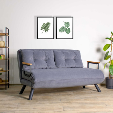 Canapé Convertible 2 Places - Couchage 175 x 133 cm - Dossier 14 Positions - Tissu polyester - Gris