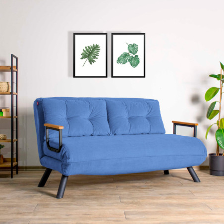 Canapé Convertible 2 Places - Couchage 175 x 133 cm - Dossier 14 Positions - Tissu polyester - Bleu