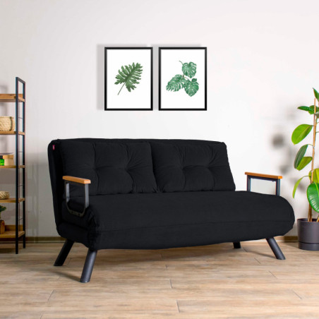 Canapé Convertible 2 Places - Couchage 175 x 133 cm - Dossier 14 Positions - Tissu polyester - Noir