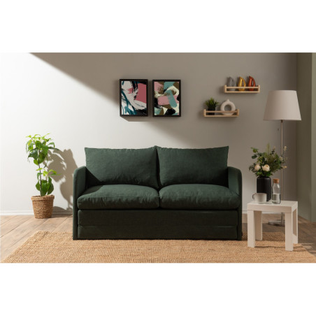 Canapé Convertible 2 Places - Couchage 200 x 140 cm - Tissu effet lin - Vert