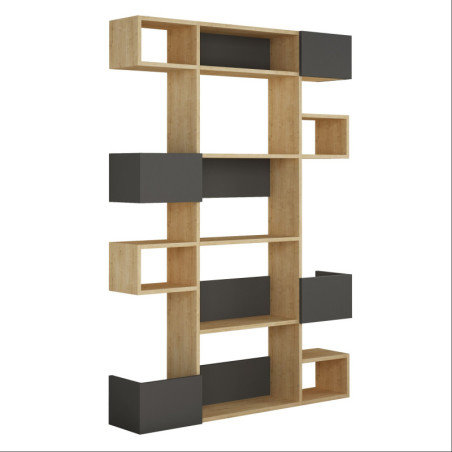 Bibliothèque - 120 x 171 x 27 cm - Décor Chêne et Anthracite