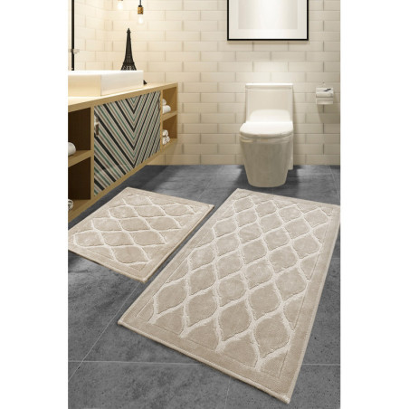 Lot de 2 Tapis de Bain - 50 x 60 cm et 60 x 100 cm - Hauteur de poils 25 mm - Beige