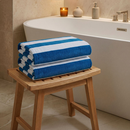 Lot de 2 Draps de Bain - 100 x 160 cm - Blanc et Bleu