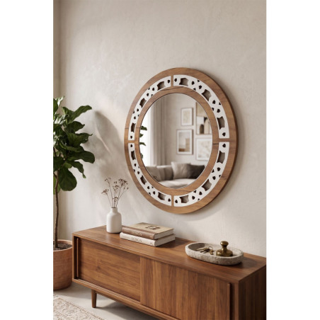 Miroir Décoratif Rond - Ø 58 cm - Décor Wengé
