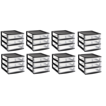 Lot de 8 Modules de rangement A6 à 3 tiroirs superposables - Noir et naturel