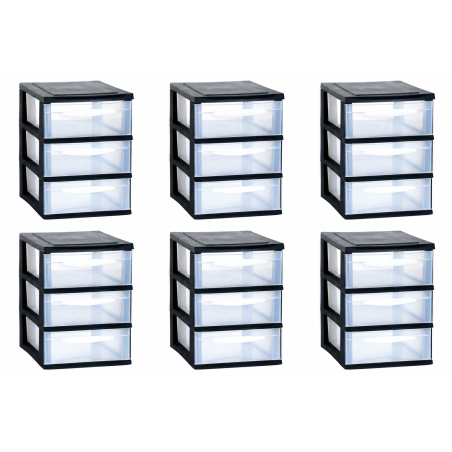 Lot de 6 Modules de rangement A5 à 3 tiroirs superposables - Noir et naturel