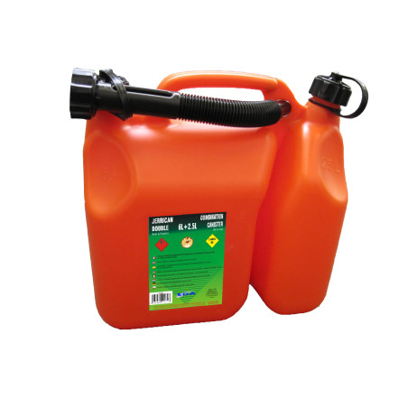 Jerrican double compartiment 6 l pour essence - 2,5 l pour huile avec bec verseur rigide