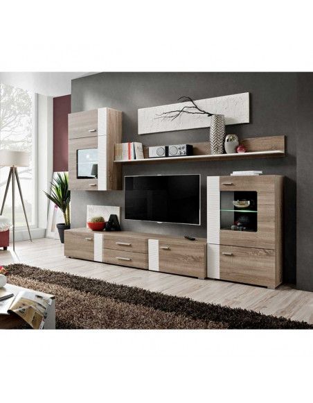 Ensemble mural - Aleppo - 1 meuble TV - 1 armoire - 1 vitrine - 2 étagères - Chêne - LED