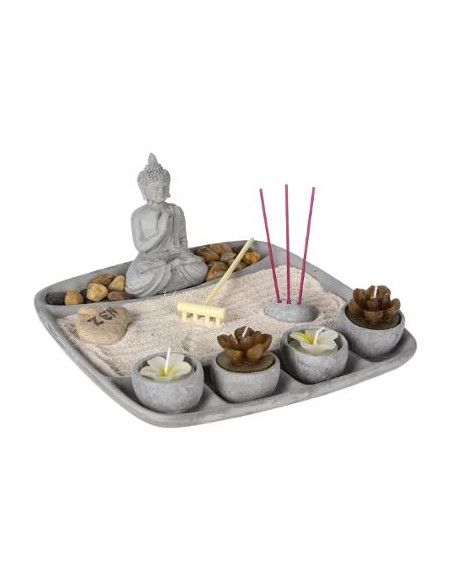 Jardin zen et statuette bouddha - ciment - L 23,9 x l 23,7 x H 11,7 cm