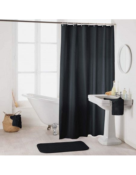 Rideau de douche en polyester uni avec crochets - L 200 x l 180 cm - Noir