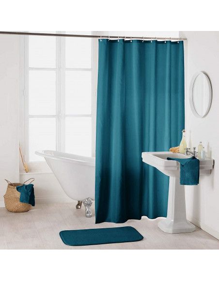 Rideau de douche en polyester uni avec crochets - L 200 x l 180 cm - Bleu pétrole