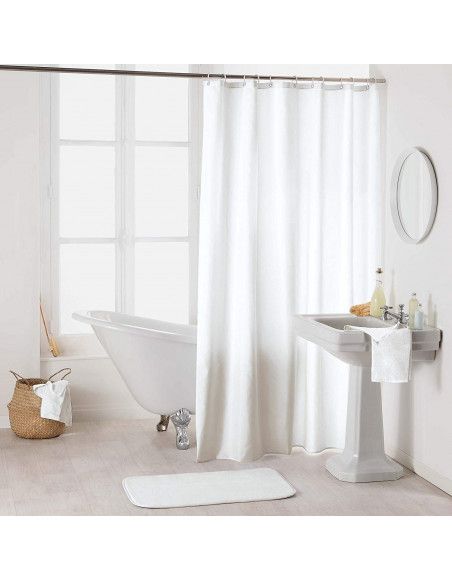 Rideau de douche en polyester uni avec crochets - L 200 x l 180 cm - Blanc