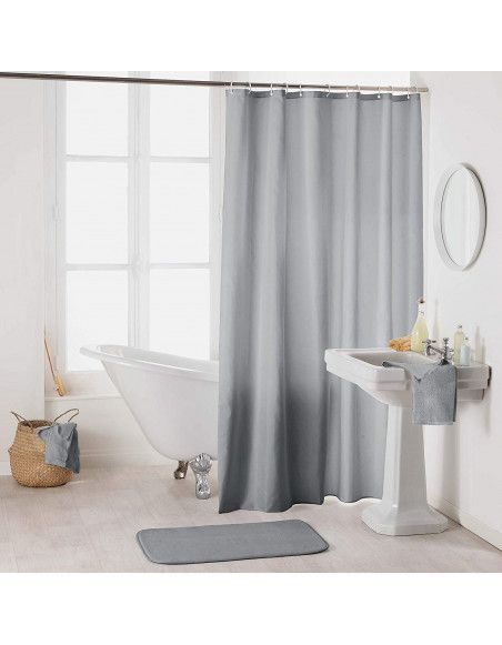 Rideau de douche en polyester uni avec crochets - L 200 x l 180 cm - Gris