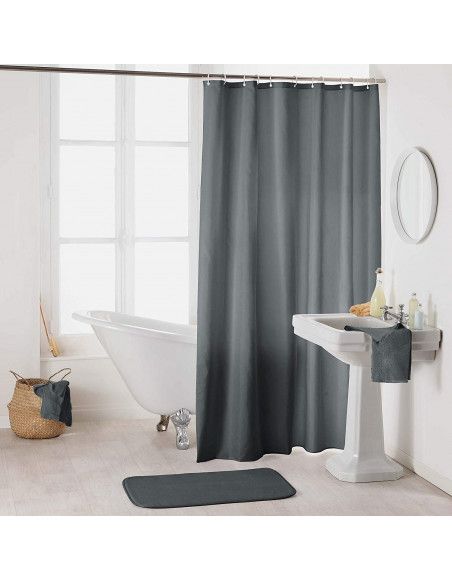 Rideau de douche en polyester uni avec crochets - L 200 x l 180 cm - Gris foncé