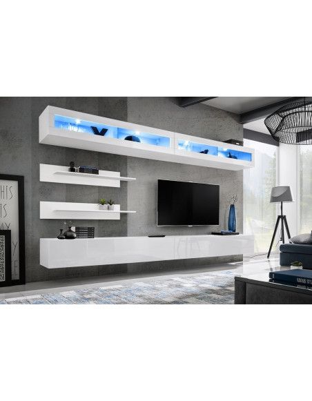 Ensemble mural - FLY I - 2 rangements LED - 2 meubles TV - 2 étagères - Blanc - Modèle 1