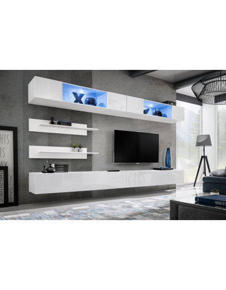 Ensemble mural - FLY I - 2 rangements LED - 2 meubles TV - 2 étagères - Blanc - Modèle 2