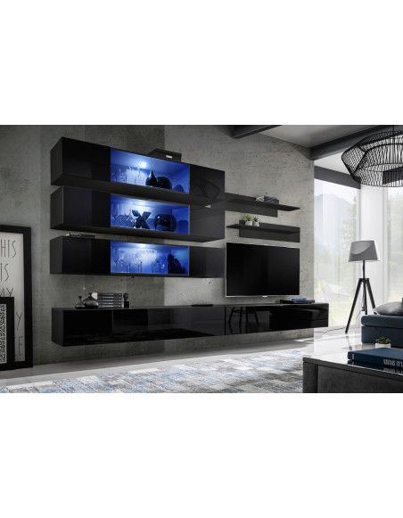 Ensemble mural - FLY J - 3 rangements LED - 2 meubles TV - 2 étagères - Noir - Modèle 2