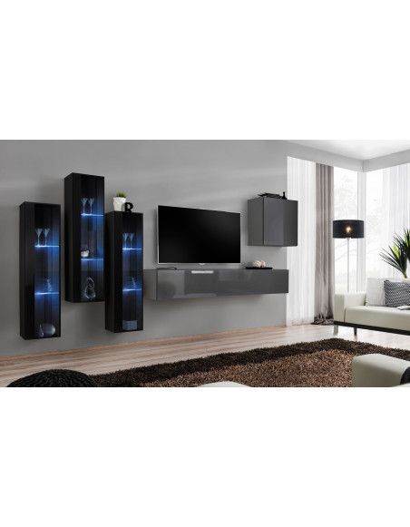 Ensemble mural - Switch XIII - 3 vitrines LED - 1 banc TV - 1 vitrine carrée - Noir et graphite - Modèle 2