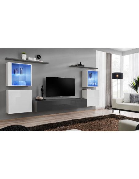 Ensemble mural - Switch XIV - 4 vitrines - 1 banc TV - 2 étagères - Blanc et graphite - Modèle 1