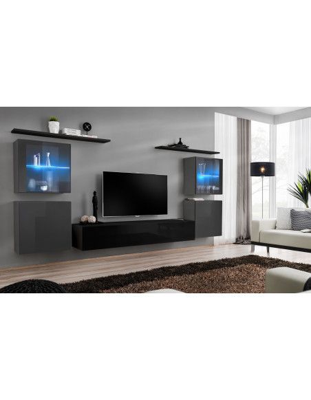 Ensemble mural - Switch XIV - 4 vitrines - 1 banc TV - 2 étagères - Noir et graphite - Modèle 1