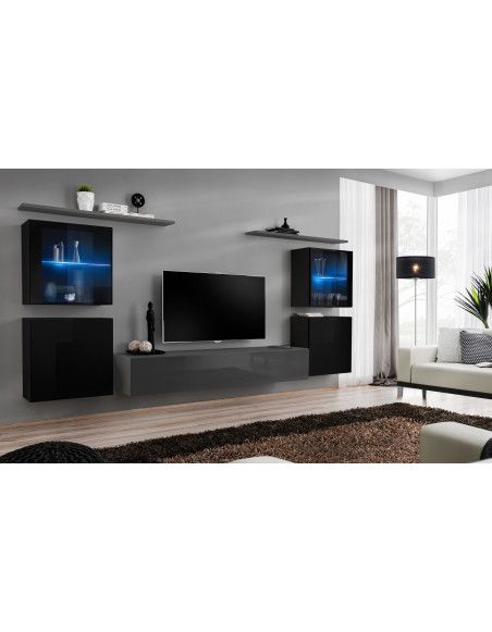 Ensemble mural - Switch XIV - 4 vitrines - 1 banc TV - 2 étagères - Noir et graphite - Modèle 2
