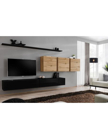 Ensemble mural - Switch VII - 3 vitrines carrées - 2 bancs TV - 2 étagères - Bois et noir - Modèle 2