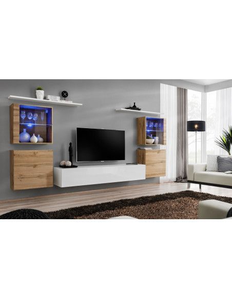 Ensemble mural - Switch XIV - 4 vitrines - 1 banc TV - 2 étagères - Bois et blanc - Modèle 1