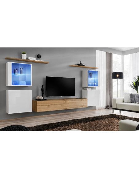 Ensemble mural - Switch XIV - 4 vitrines - 1 banc TV - 2 étagères - Bois et blanc - Modèle 2