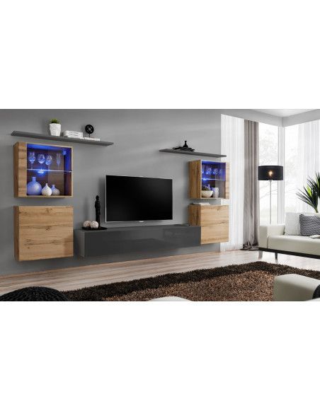 Ensemble mural - Switch XIV - 4 vitrines - 1 banc TV - 2 étagères - Bois et graphite - Modèle 1