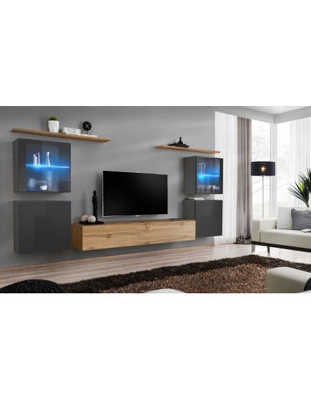 Ensemble mural - Switch XIV - 4 vitrines - 1 banc TV - 2 étagères - Bois et graphite - Modèle 2