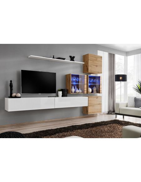 Ensemble mural - Switch XIX - 4 vitrines - 2 bancs TV - 1 étagère - Bois et blanc - Modèle 2