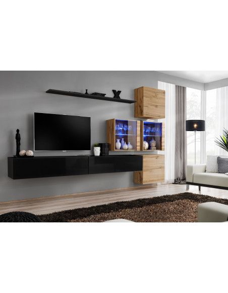 Ensemble mural - Switch XIX - 4 vitrines - 2 bancs TV - 1 étagère - Bois et noir - Modèle 2