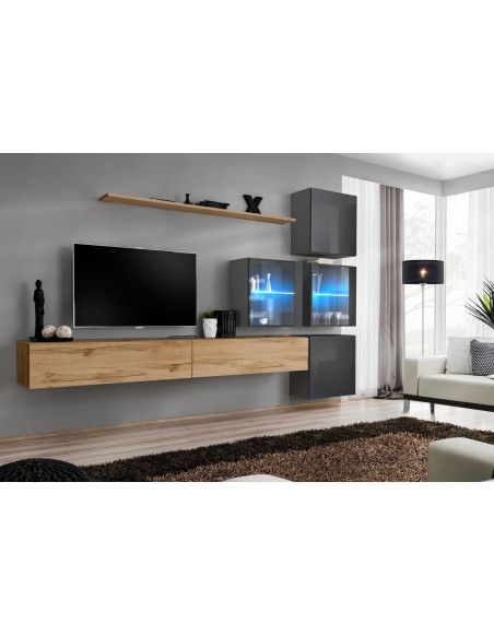 Ensemble mural - Switch XIX - 4 vitrines - 2 bancs TV - 1 étagère - Bois et graphite - Modèle 1