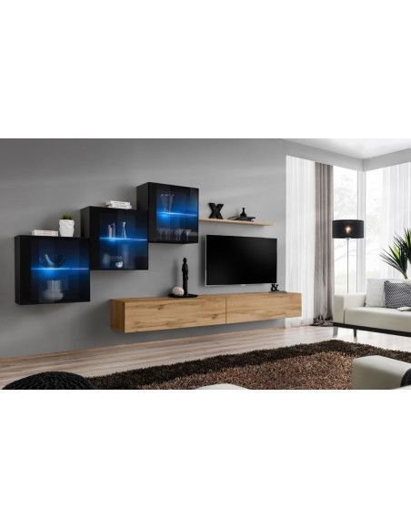 Ensemble mural - Switch XX - 3 vitrines - 2 bancs TV - 1 étagère - Bois et noir - Modèle 2