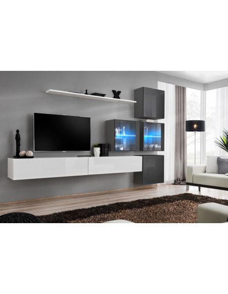 Ensemble mural - Switch XIX - 4 vitrines - 2 bancs TV - 1 étagère - Blanc et graphite - Modèle 1