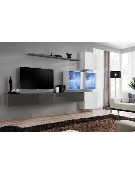 Ensemble mural - Switch XIX - 4 vitrines - 2 bancs TV - 1 étagère - Blanc et graphite - Modèle 2
