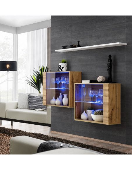 Commode - Switch SB III - 2 vitrines LED - 1 étagère - Bois et blanc - Modèle 1