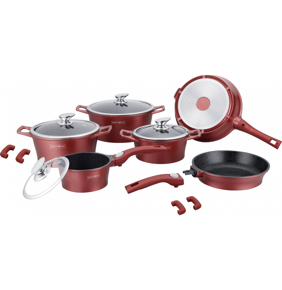 Set de 4 casseroles et 2 poêles avec revêtement en marbre - Tailles différentes - Rouge