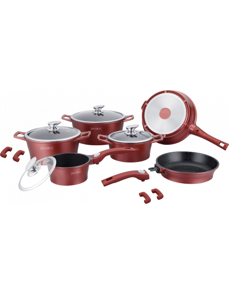 Set de 4 casseroles et 2 poêles avec revêtement en marbre - Tailles différentes - Rouge