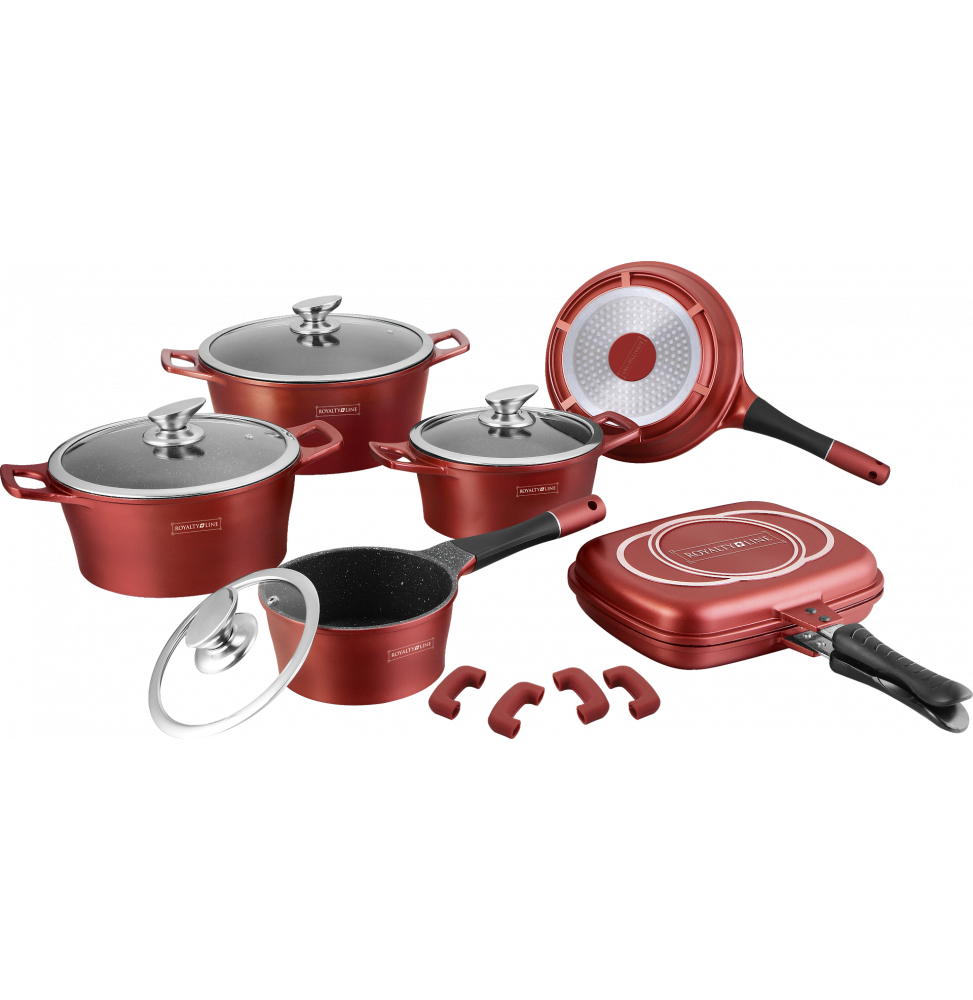 Set de 4 casseroles et poêle et 1 grill à panini avec revêtement en marbre - Tailles différentes - Rouge