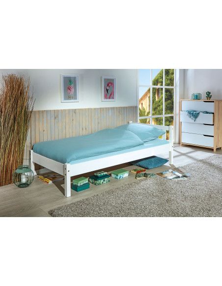 Lit simple Vilmar en pin massif - L 210 x l 98 x H 70 cm - Blanc