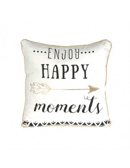 Coussin déhoussable avec citation - 40 x 40 cm - Enjoy happy moments - Blanc