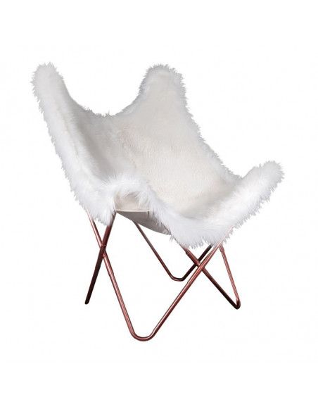 Fauteuil papillon en fausse fourrure - Pieds cuivrés - Blanc